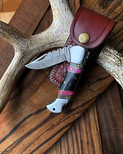 Premium Folding Pocket Knife with Buffalo Horn Handle & Color Wood Inlays - 3" Blade & Leather Sheath - Korvel