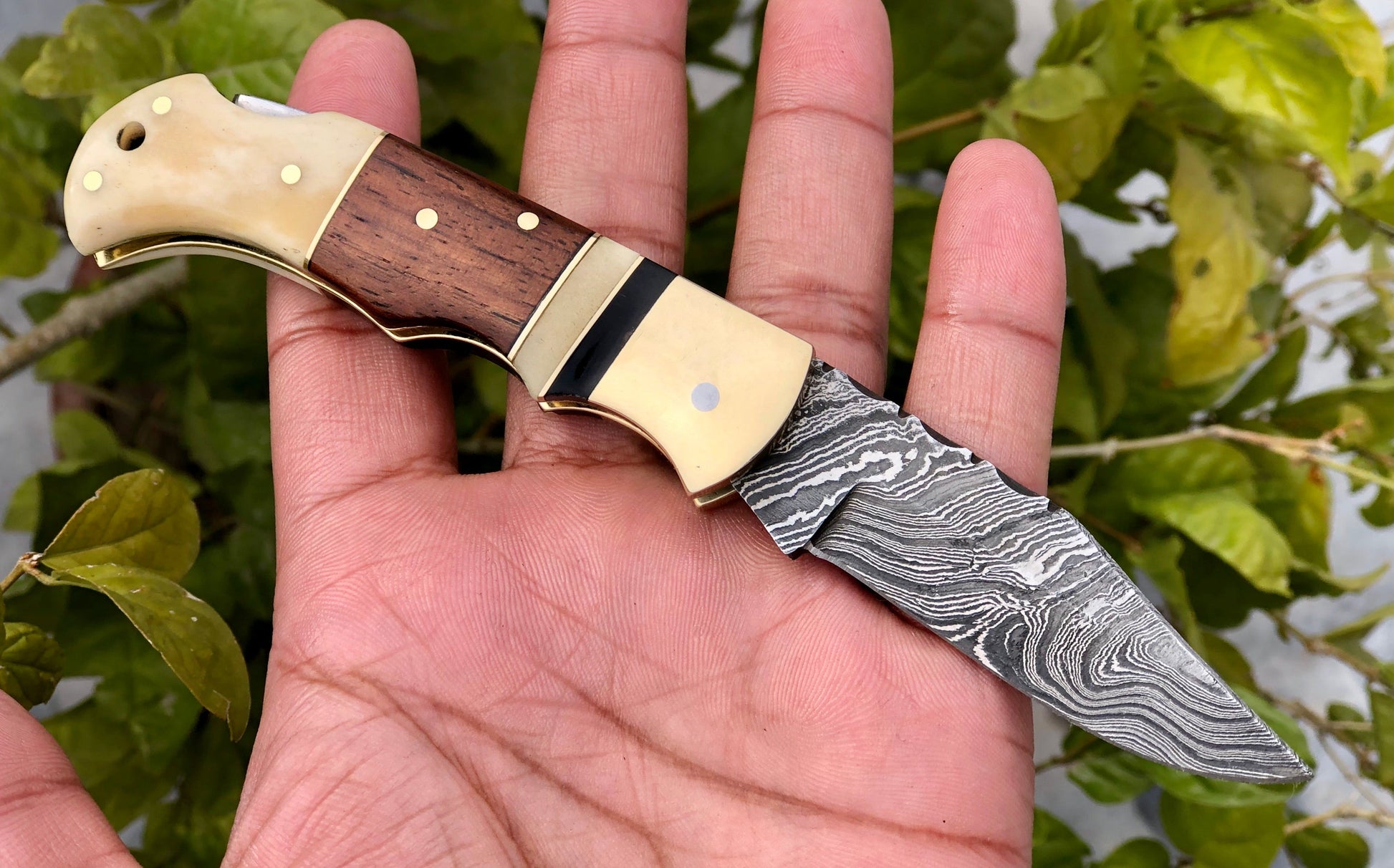 Artisan Crafted Damascus Steel Compact Folding Knife with Bone and Rosewood Handle - Korvel
