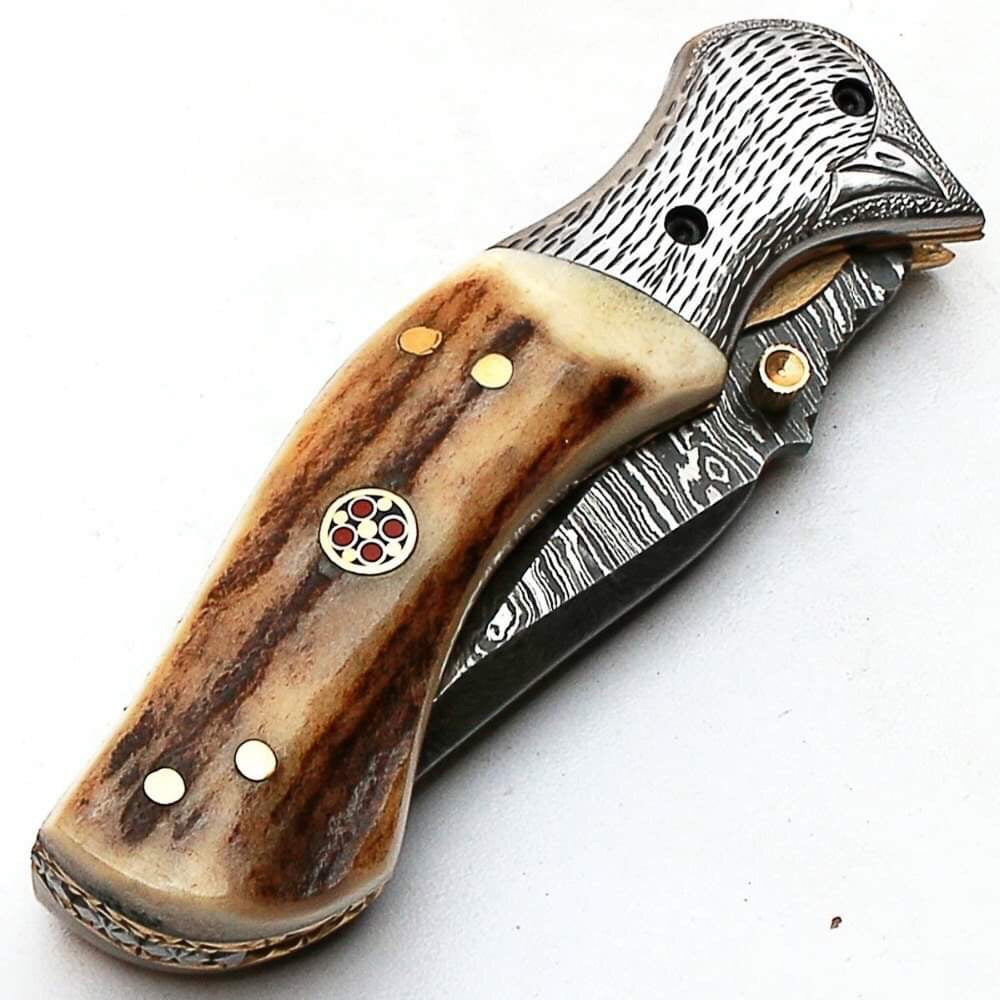 Artisan Crafted Damascus Steel Folding Pocket Knife with Antler Handle & Leather Sheath by KBS Knives - Korvel