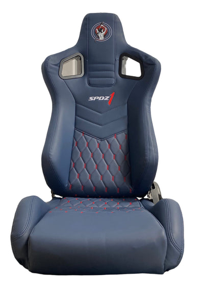 SPDZ1 Ballistic Racing Seats - Deep Blue Leather with Red Cross Stitch
