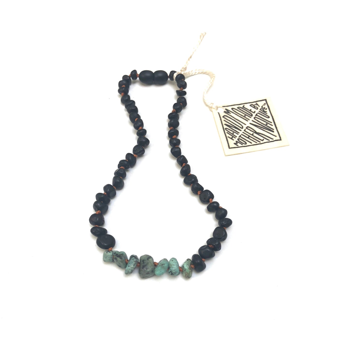 Collar de Ámbar Báltico Negro Crudo y Jaspe Turquesa Hecho a Mano