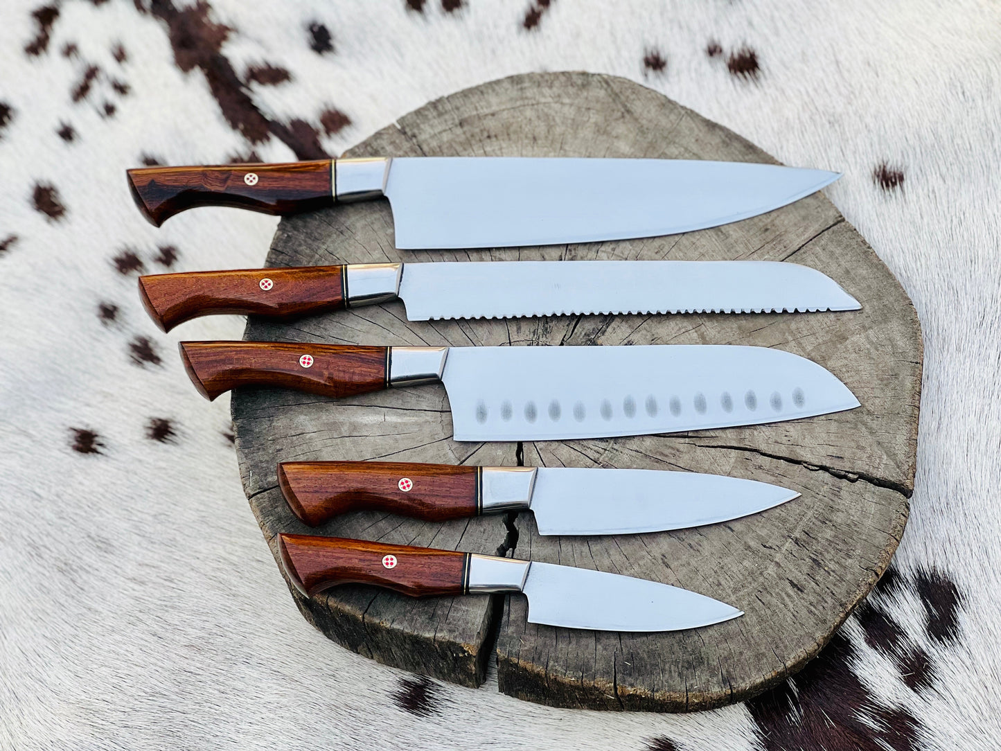 Premium 5-Piece Custom Handmade Stainless Steel Knife Set with Leather Roll & Elegant Rosewood Handles - Korvel