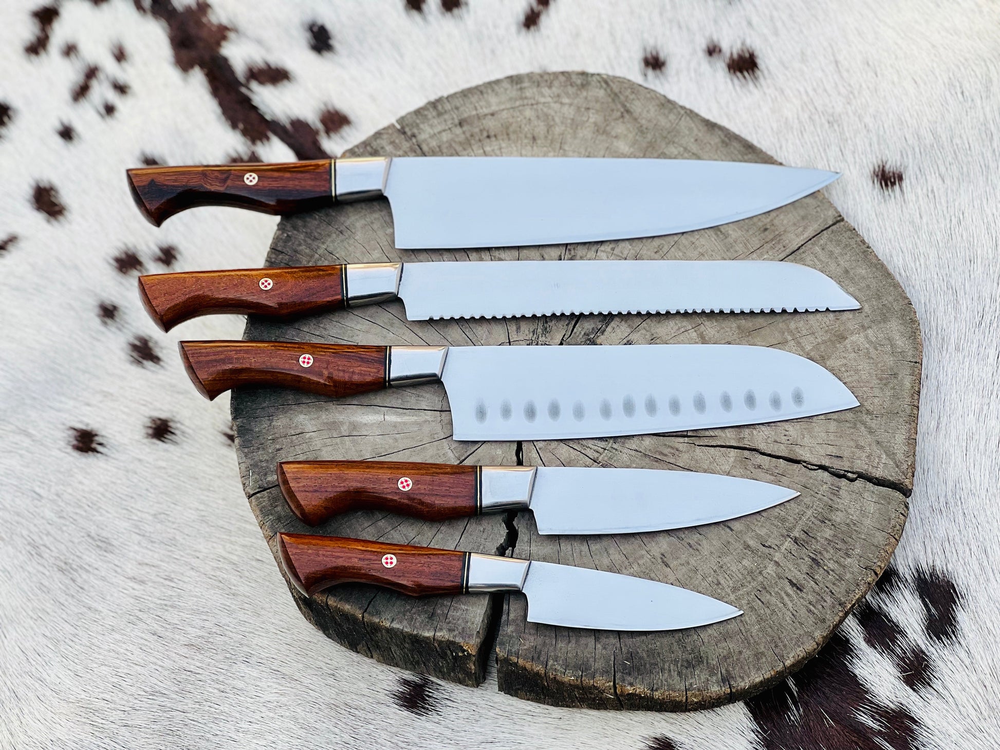 Premium 5-Piece Custom Handmade Stainless Steel Knife Set with Leather Roll & Elegant Rosewood Handles - Korvel