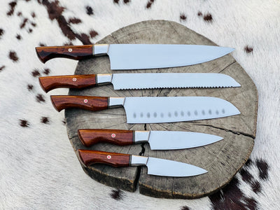 Premium 5-Piece Custom Handmade Stainless Steel Knife Set with Leather Roll & Elegant Rosewood Handles - Korvel