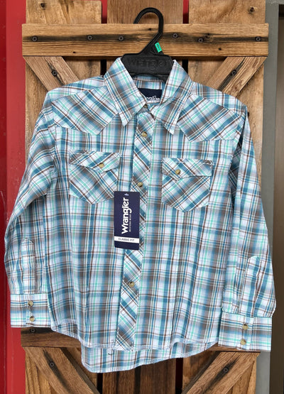 Wrangler Boys' Teal Plaid Long Sleeve Shirt - Korvel