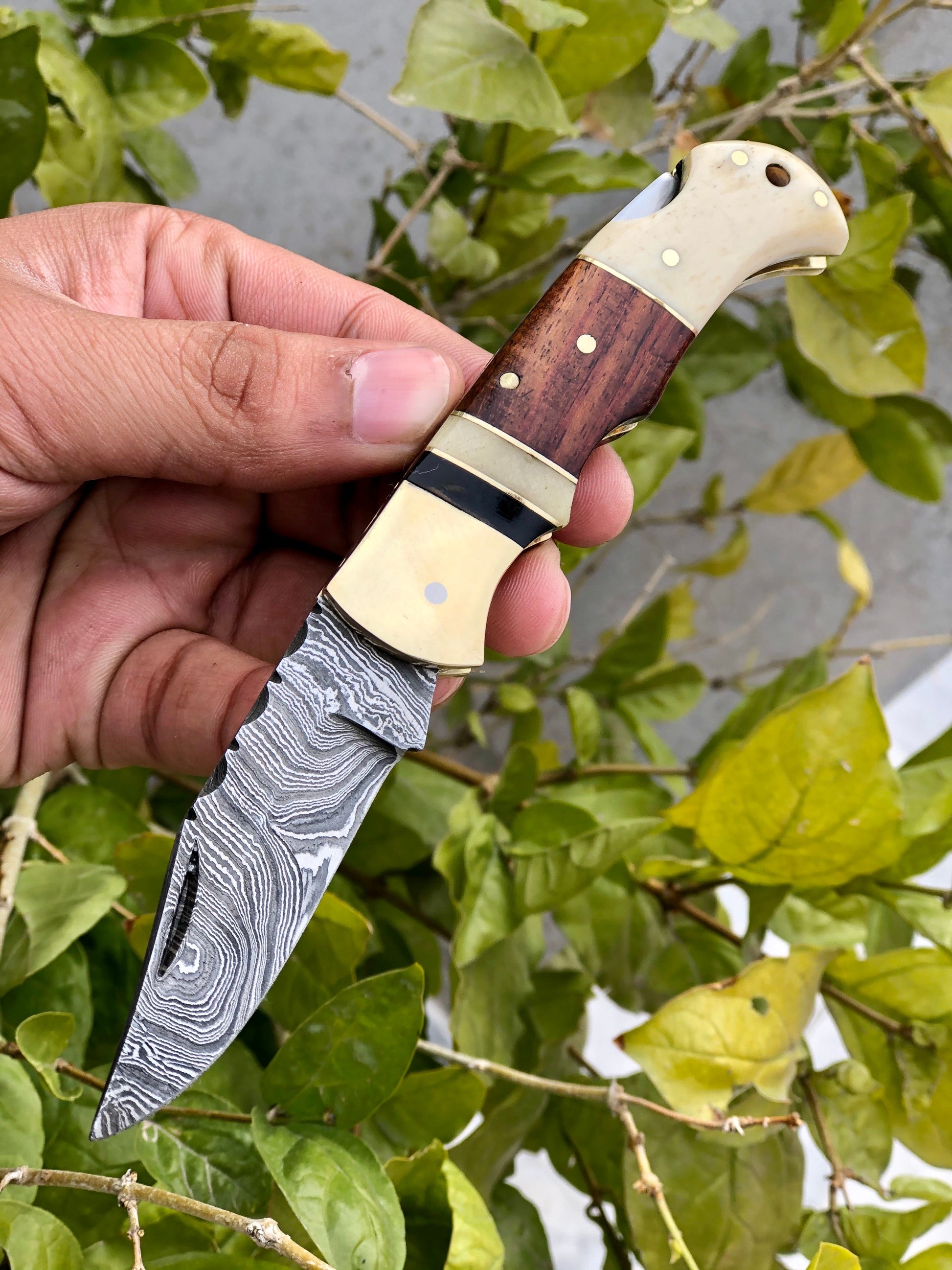 Artisan Crafted Damascus Steel Compact Folding Knife with Bone and Rosewood Handle - Korvel