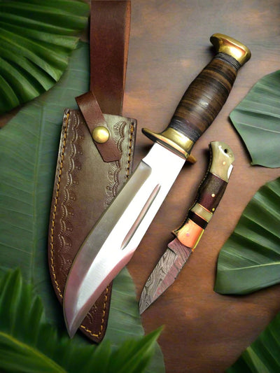 Outback Elite Dual Edge Knife Set – 16" D2 Bowie & Damascus Pocket Knife with Leather Sheath - Korvel