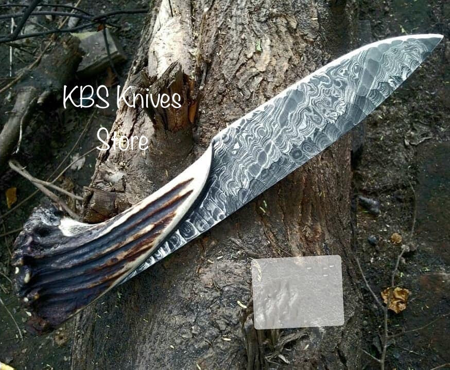 Premium Damascus Steel Hunting Knife with Antler Handle - Korvel
