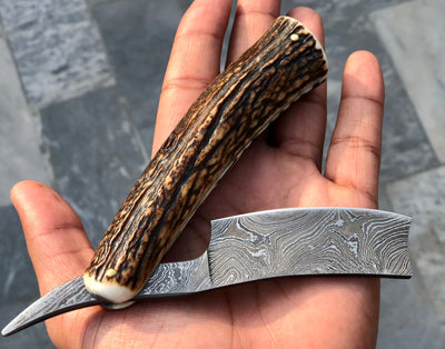 Artisan Damascus Steel Straight Razor with Antler Horn Handle & Leather Case - Exclusive from KBS Knives - Korvel