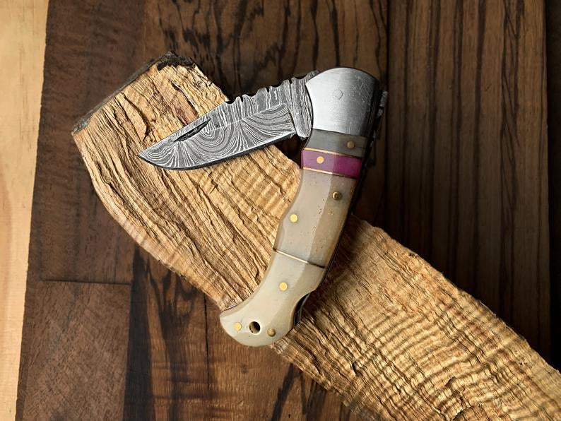 Premium Damascus Steel Folding Pocket Knife with Elegant Bone and Wood Handle - 3 Inch Blade & Leather Case - Korvel