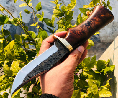 Premium 1095 Handcrafted Hunting Knife with Burl Rosewood Handle - Korvel