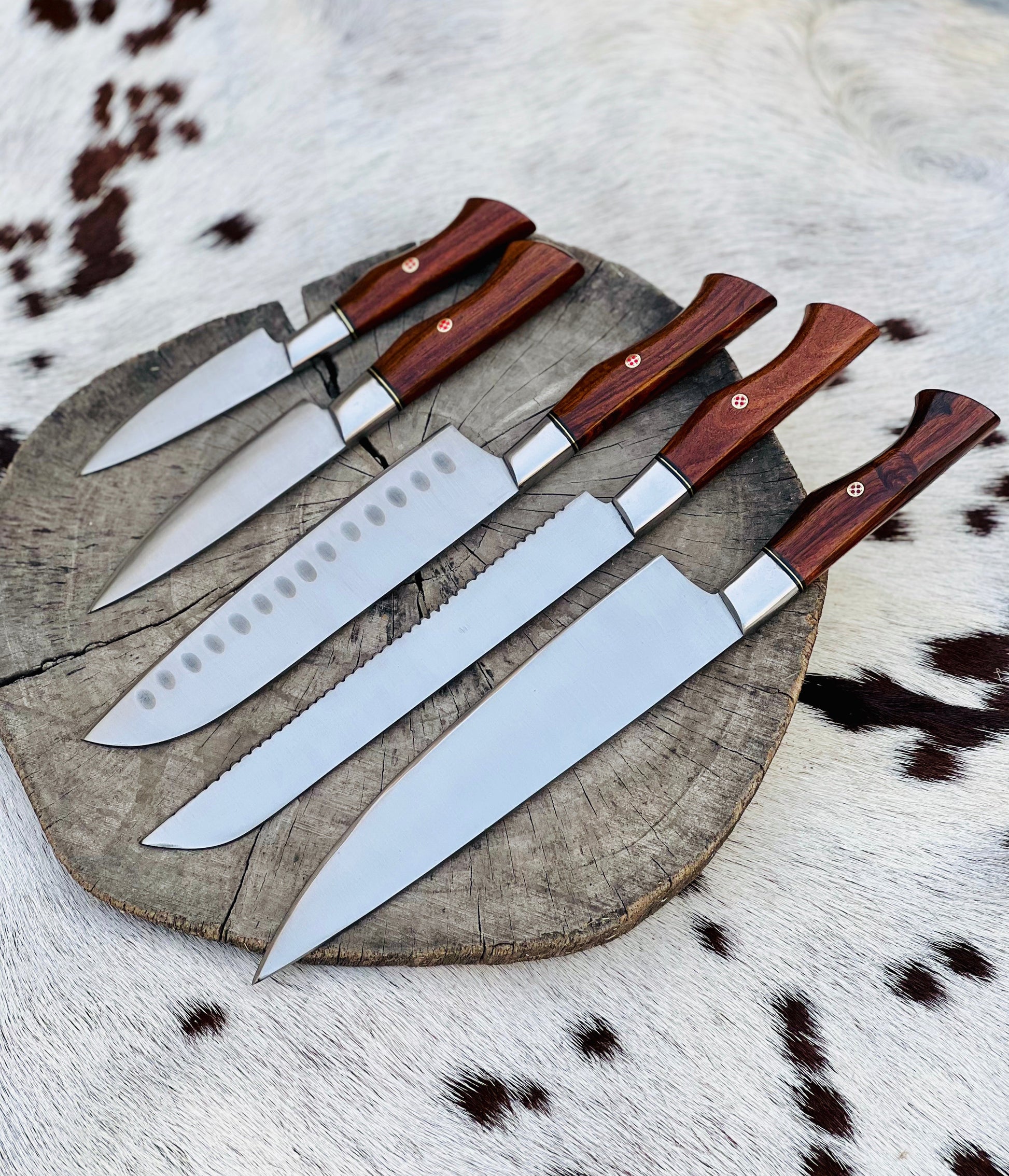 Premium 5-Piece Custom Handmade Stainless Steel Knife Set with Leather Roll & Elegant Rosewood Handles - Korvel