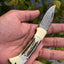 Artisan Crafted Damascus Steel Folding Pocket Knife with Antler Horn Handle and Leather Sheath - Exclusive from KBS Knives - Korvel