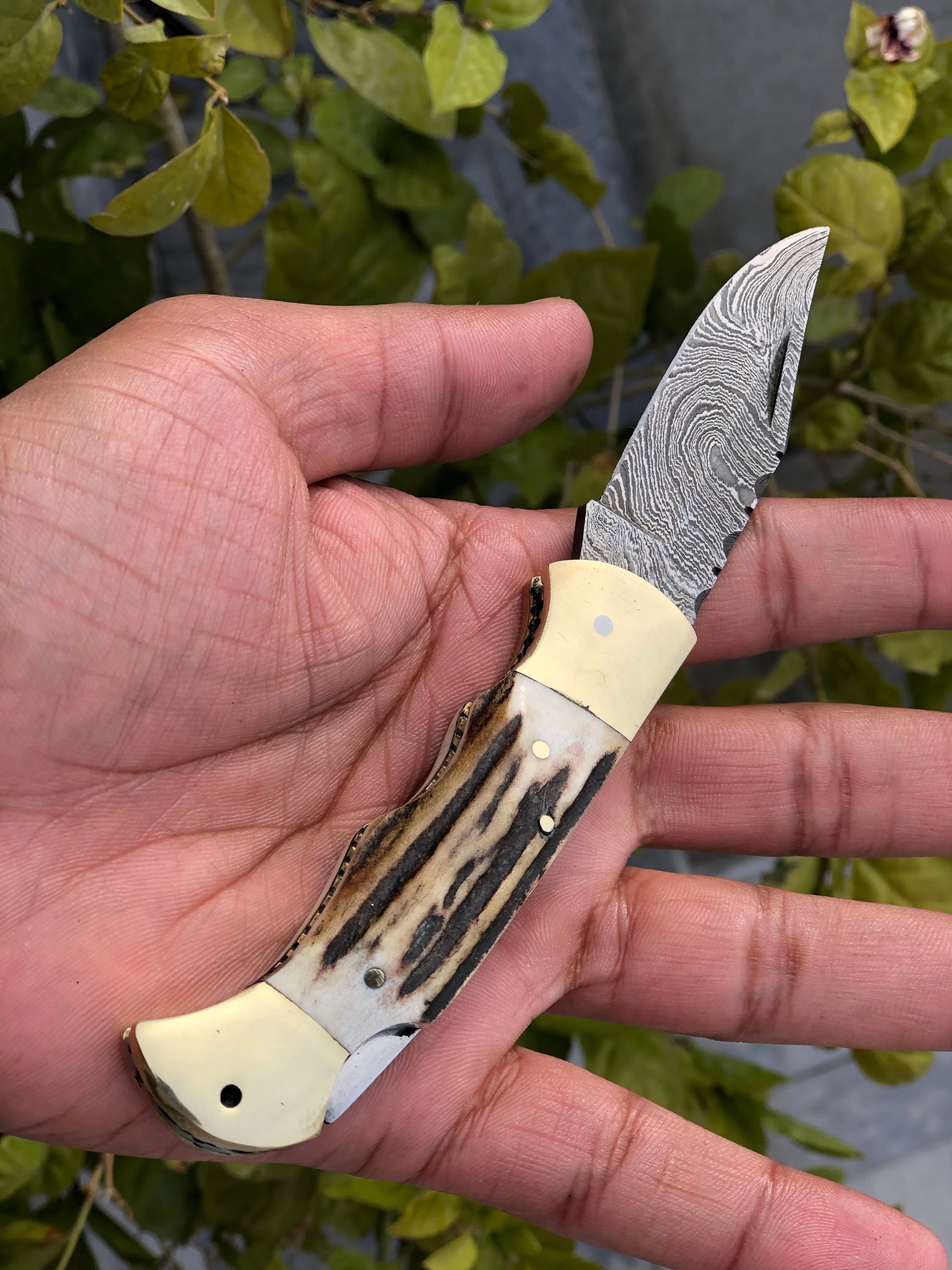 Artisan Crafted Damascus Steel Folding Pocket Knife with Antler Horn Handle and Leather Sheath - Exclusive from KBS Knives - Korvel
