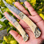 Exquisite Pair of Custom Handmade Damascus Steel Folding Pocket Knives with Bone Handles and Engraved Brass Bolsters - Korvel