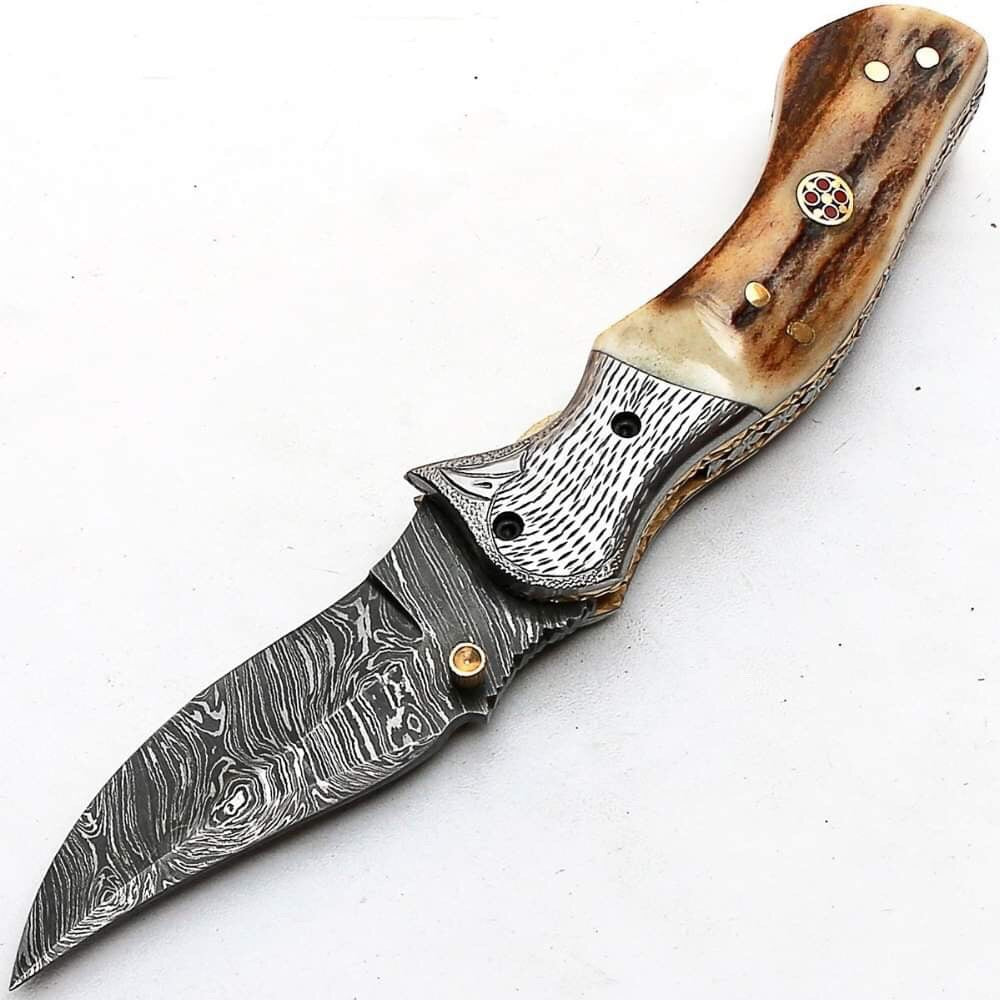 Artisan Crafted Damascus Steel Folding Pocket Knife with Antler Handle & Leather Sheath by KBS Knives - Korvel