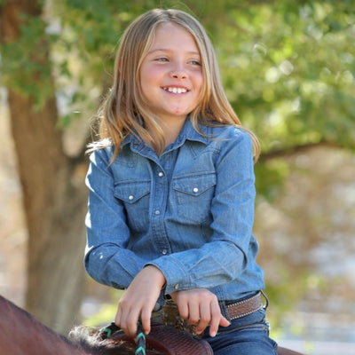Stylish Pearl Snap Denim Shirt for Young Cowgirls - Korvel