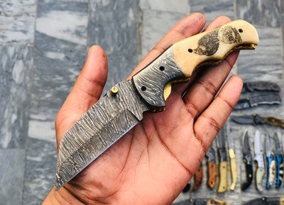 Artisan Crafted Damascus Steel Folding Pocket Knife with Unique Hand-Engraved Bone Handle & Leather Sheath by KBS Knives Store - Korvel