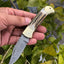 Artisan Crafted Damascus Steel Folding Pocket Knife with Antler Horn Handle and Leather Sheath - Exclusive from KBS Knives - Korvel