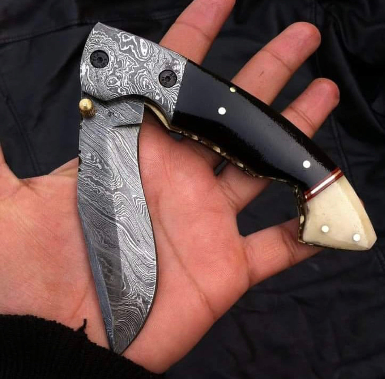 Exquisite Custom Damascus Steel Folding Pocket Knife with Bone & Buffalo Horn Handle - 3.34" Blade by KBS Knives - Korvel