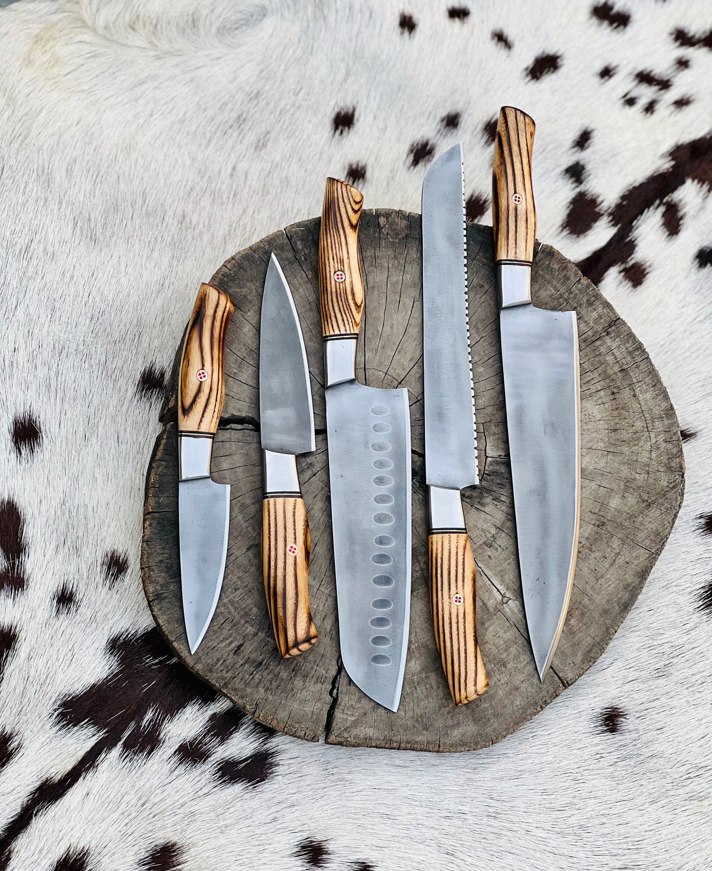 Artisan 5-Piece Acid-Washed Stainless Steel Knife Set with Wenge Wood Handles & Leather Roll - Korvel