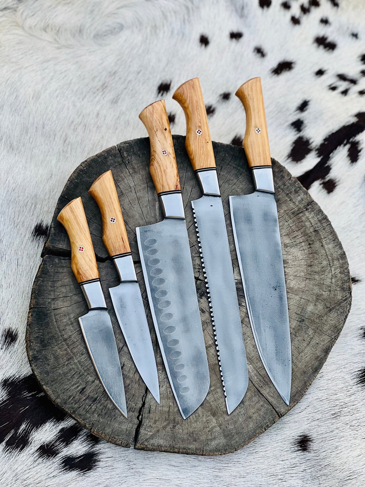 Artisan Crafted 5-Piece Acid Washed Stainless Steel Knife Set with Olive Wood Handles & Leather Roll - Korvel