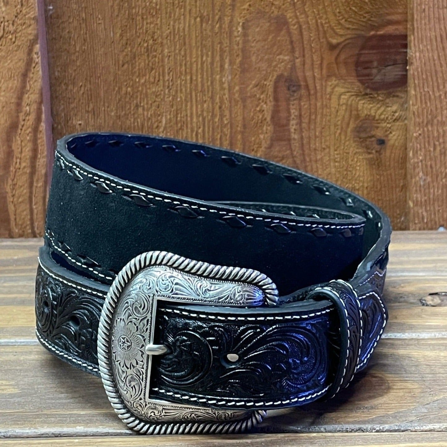 Men's Black Roughout Leather Belt with Buck Stitch Detail - Korvel