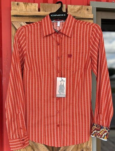 Vibrant Orange Striped Cinch Women's Shirt - Korvel
