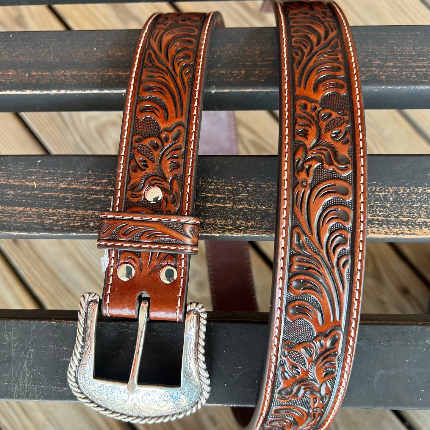Cognac Floral Embossed Men's Belt by Nocona - Korvel