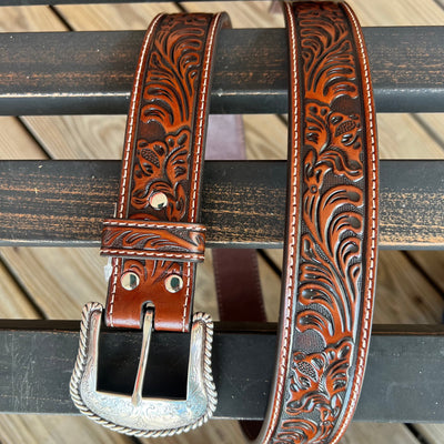 Cognac Floral Embossed Men's Belt by Nocona - Korvel