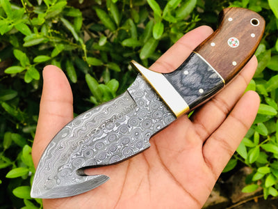 Premium Raindrop Damascus Guthook Skinning Knife - Korvel