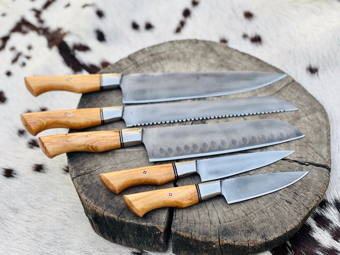 Artisan Crafted 5-Piece Acid Washed Stainless Steel Knife Set with Olive Wood Handles & Leather Roll - Korvel