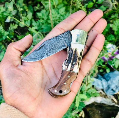 Exquisite Custom Damascus Steel Folding Knife with Rosewood & Antler Handle - Korvel