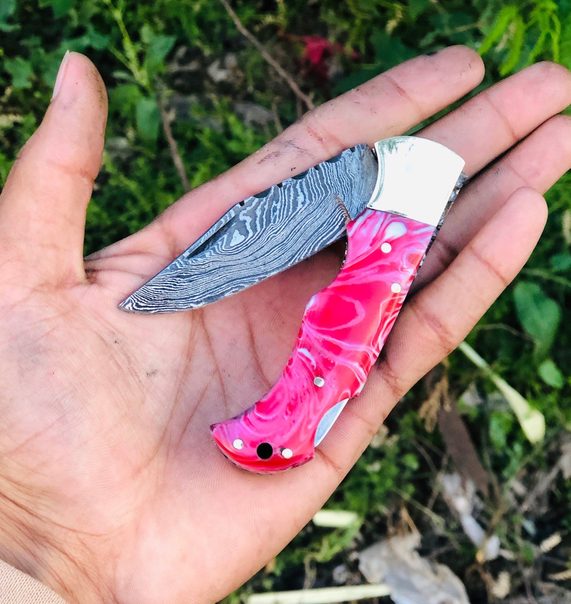 Artisan Damascus Steel Folding Pocket Knife with Epoxy Resin Handle & Leather Sheath by KBS Knives - Korvel