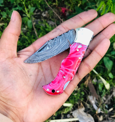 Artisan Damascus Steel Folding Pocket Knife with Epoxy Resin Handle & Leather Sheath by KBS Knives - Korvel