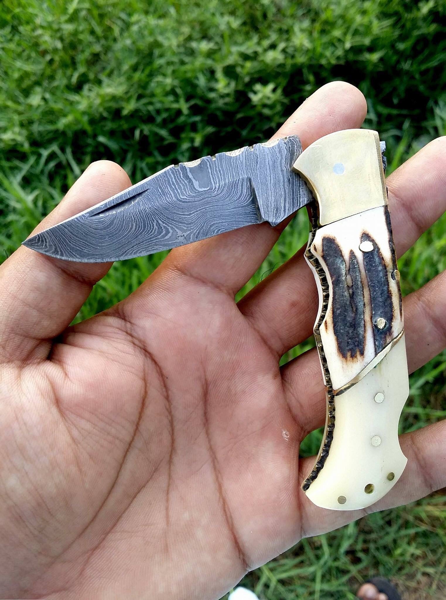 Exquisite Custom Handmade Damascus Steel Folding Pocket Knife with Antler Horn and Brass Handle - Korvel