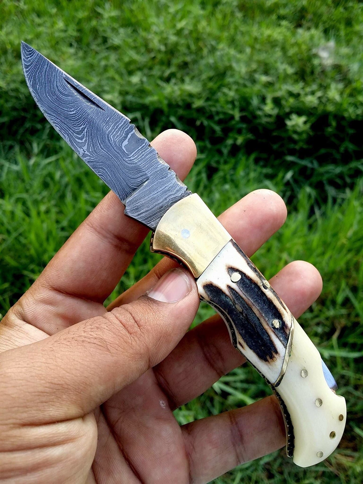 Exquisite Custom Handmade Damascus Steel Folding Pocket Knife with Antler Horn and Brass Handle - Korvel