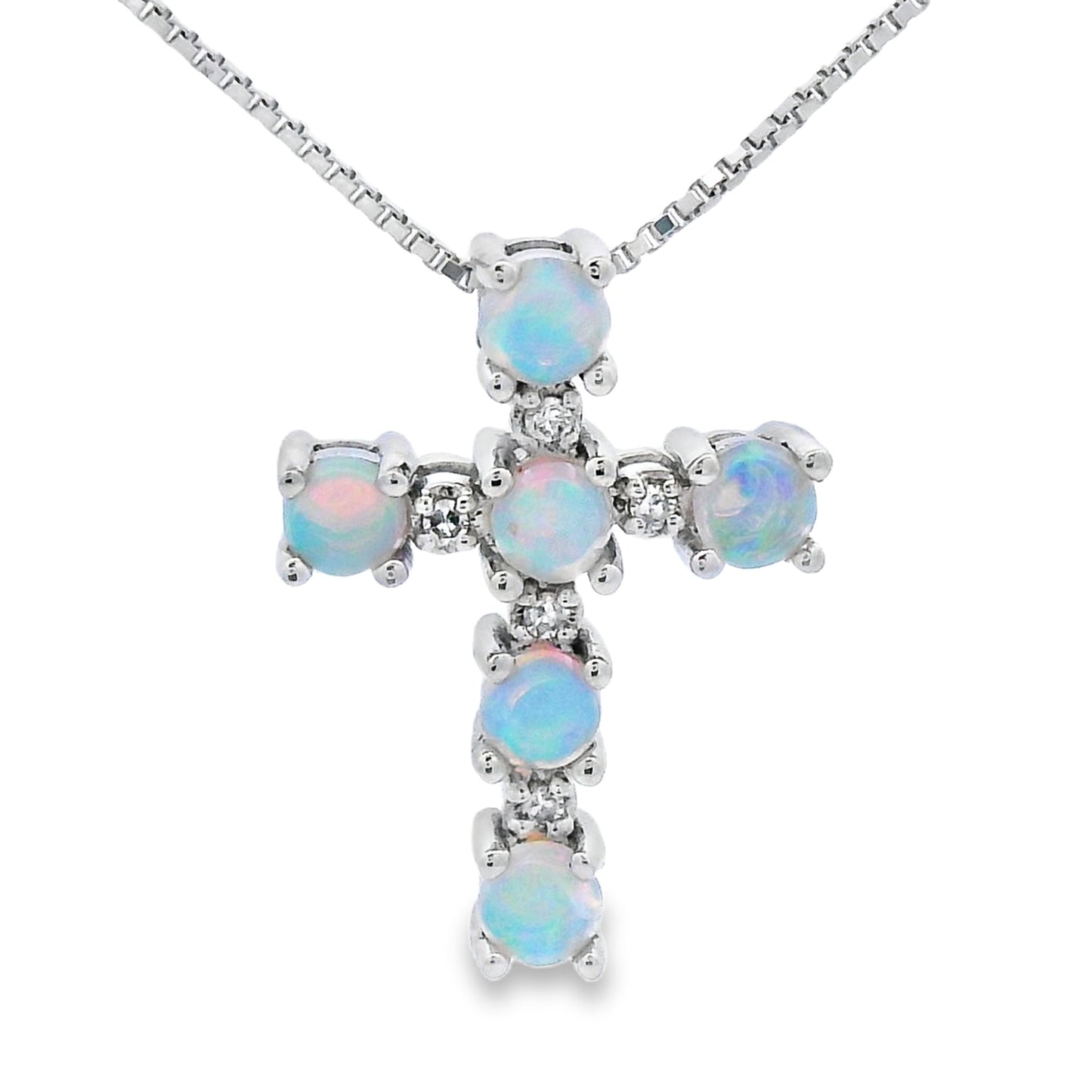 Colgante de Cruz de Diamante de Ópalo en Oro Blanco de 10KT