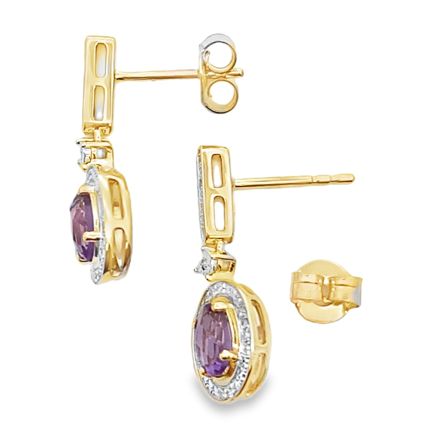 .93ct Pendientes Colgantes de Amatista y Diamante en Oro Amarillo de 10KT