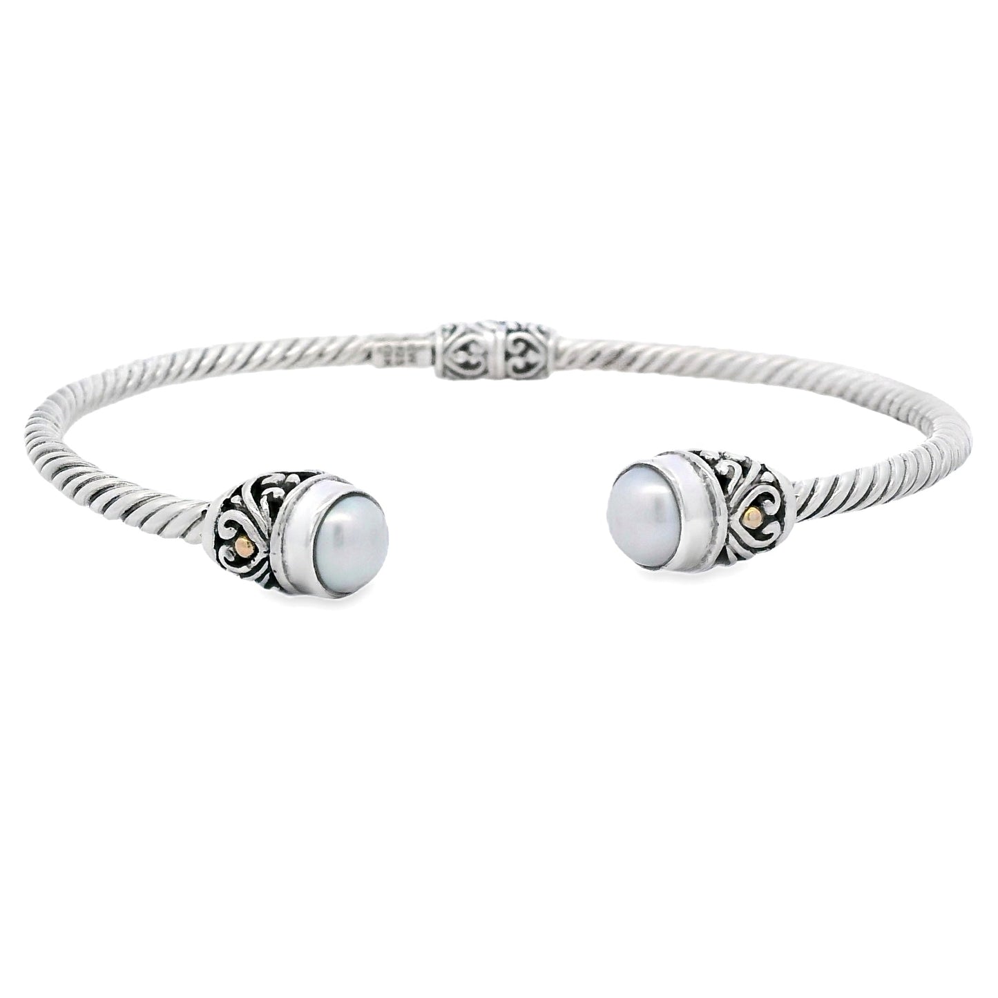 Elegant Pearl Bangle Bracelet in Sterling Silver and 18KT Gold