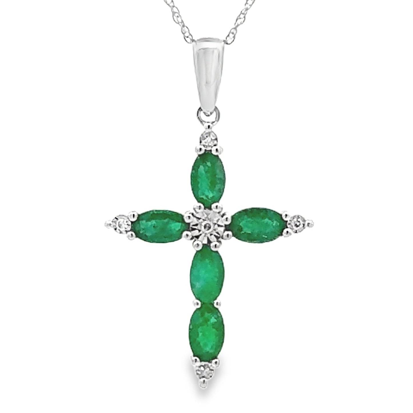 Colgante de Cruz de Diamante Esmeralda en Oro Blanco de 10KT