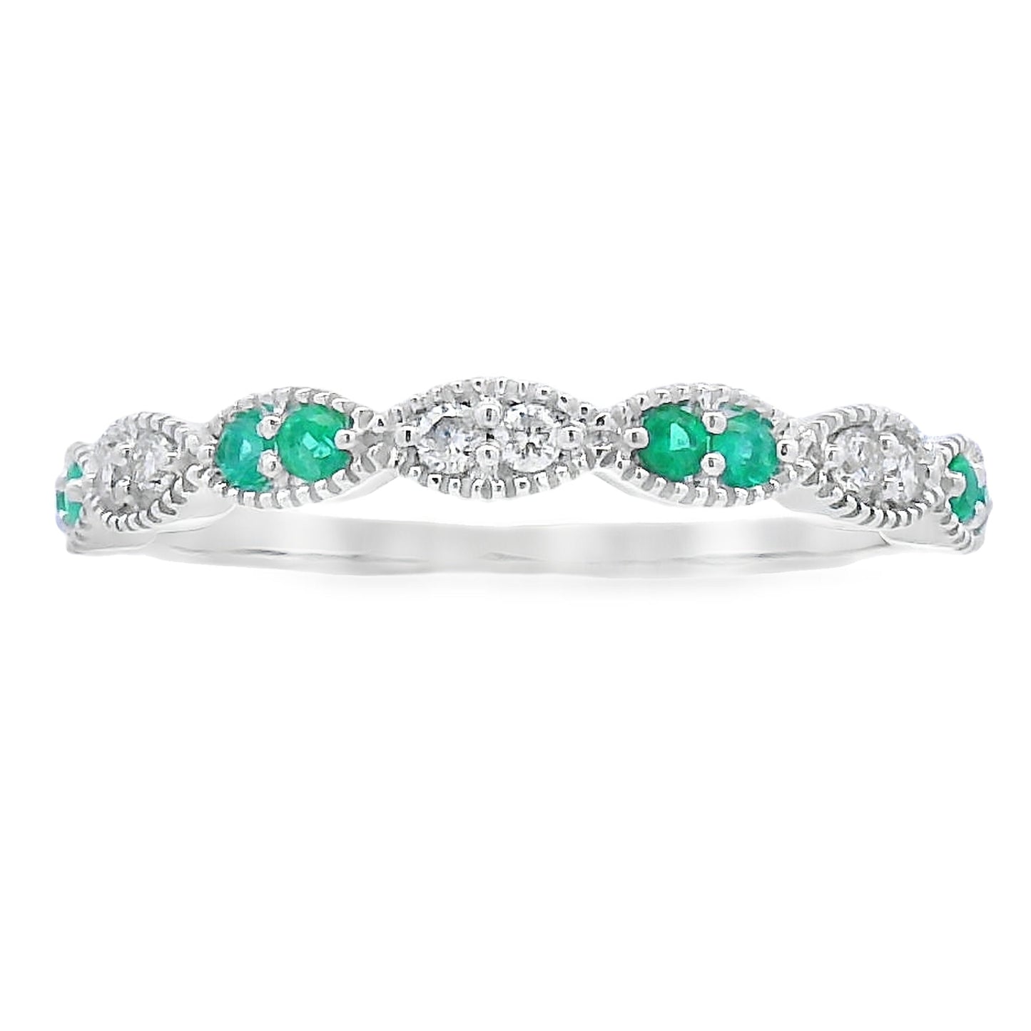 Conjunto de Anillos Apilables con Diamantes y Esmeraldas en Oro Blanco de 14KT