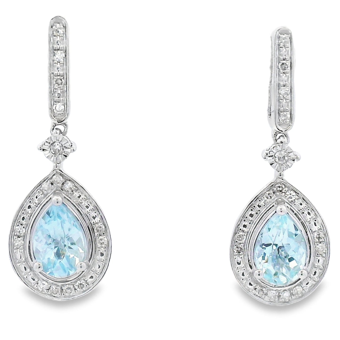 Pendientes Colgantes de Diamante de Aguamarina en Oro Blanco de 10KT