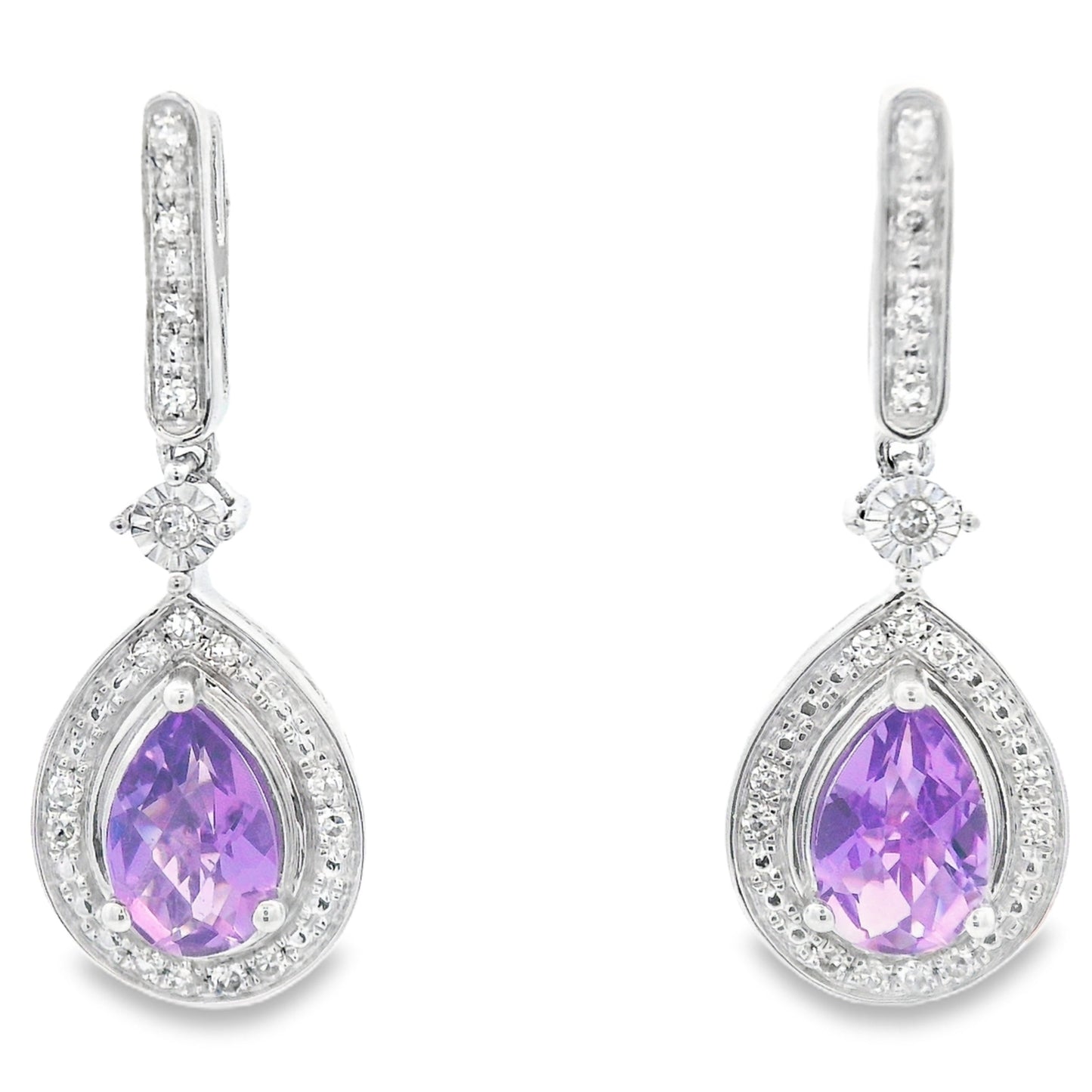 Pendientes colgantes de diamantes de amatista de 0.88 ct en oro blanco de 10KT