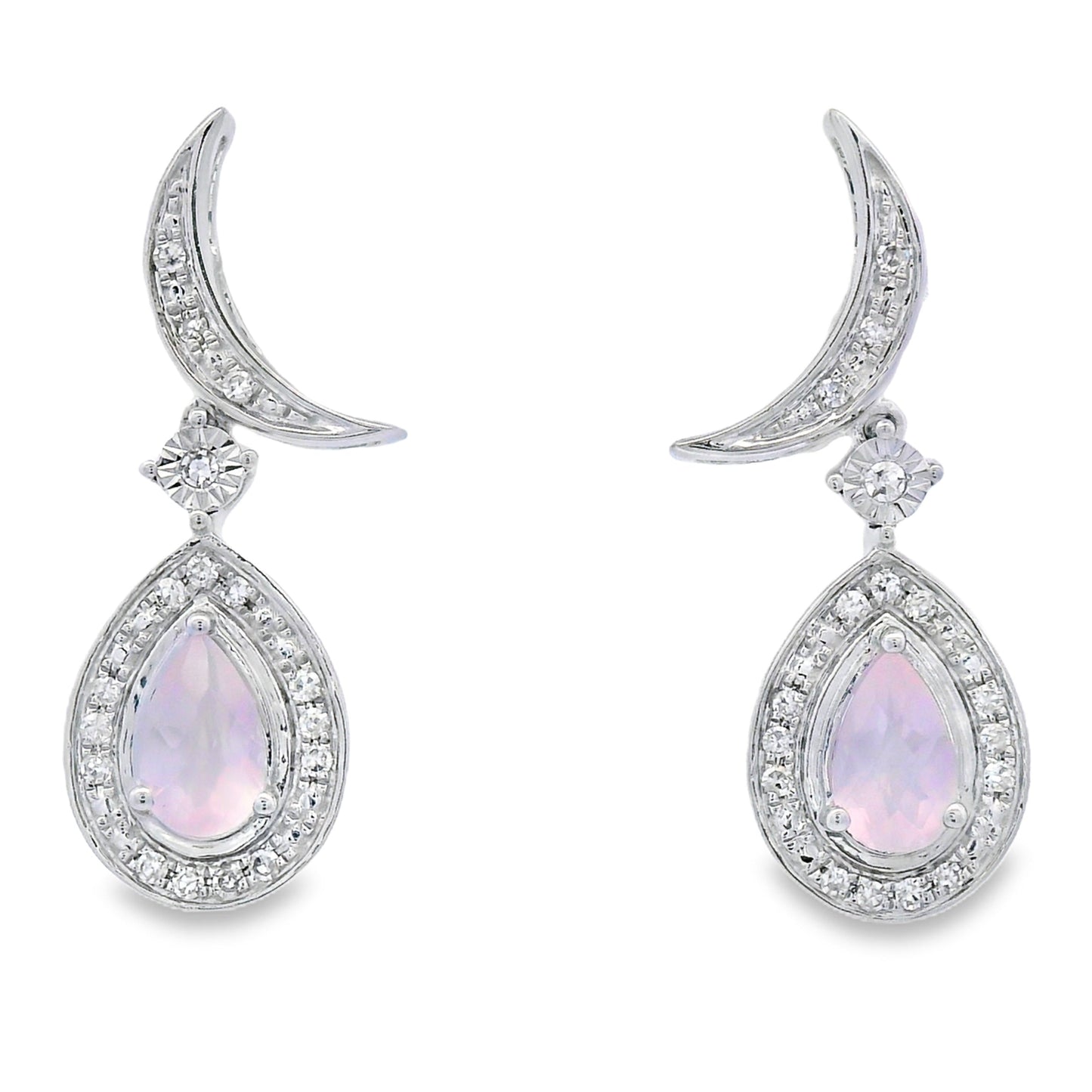 Rose Quartz Diamond Dangle Earrings in 10KT White Gold