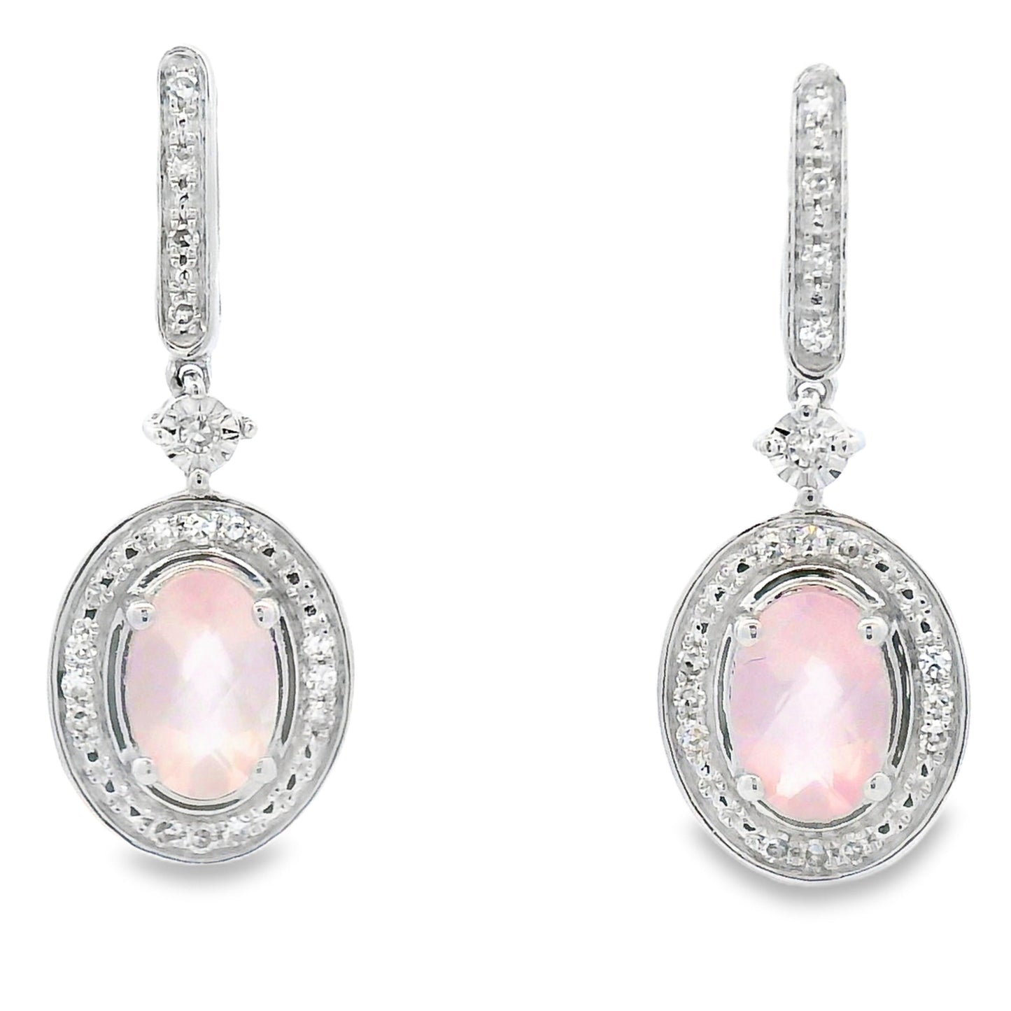 Rose Quartz Diamond Dangle Earrings in 10KT White Gold