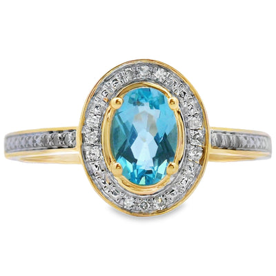 Bague en Topaze Bleue et Diamants de 0,49 ct en Or Jaune 10KT