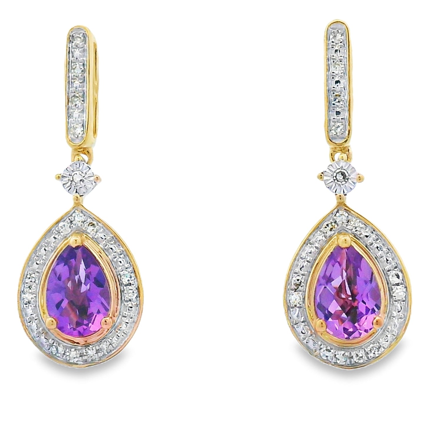 Boucles d'oreilles pendantes en améthyste et diamant de 0,88 ct en or jaune 10KT