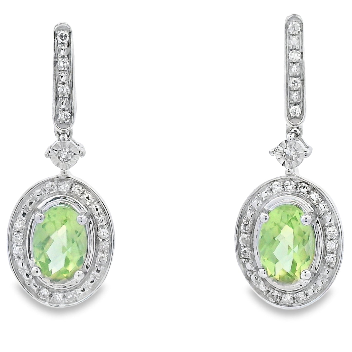 Pendientes colgantes de peridoto y diamantes de 1.23 quilates en oro blanco de 10KT