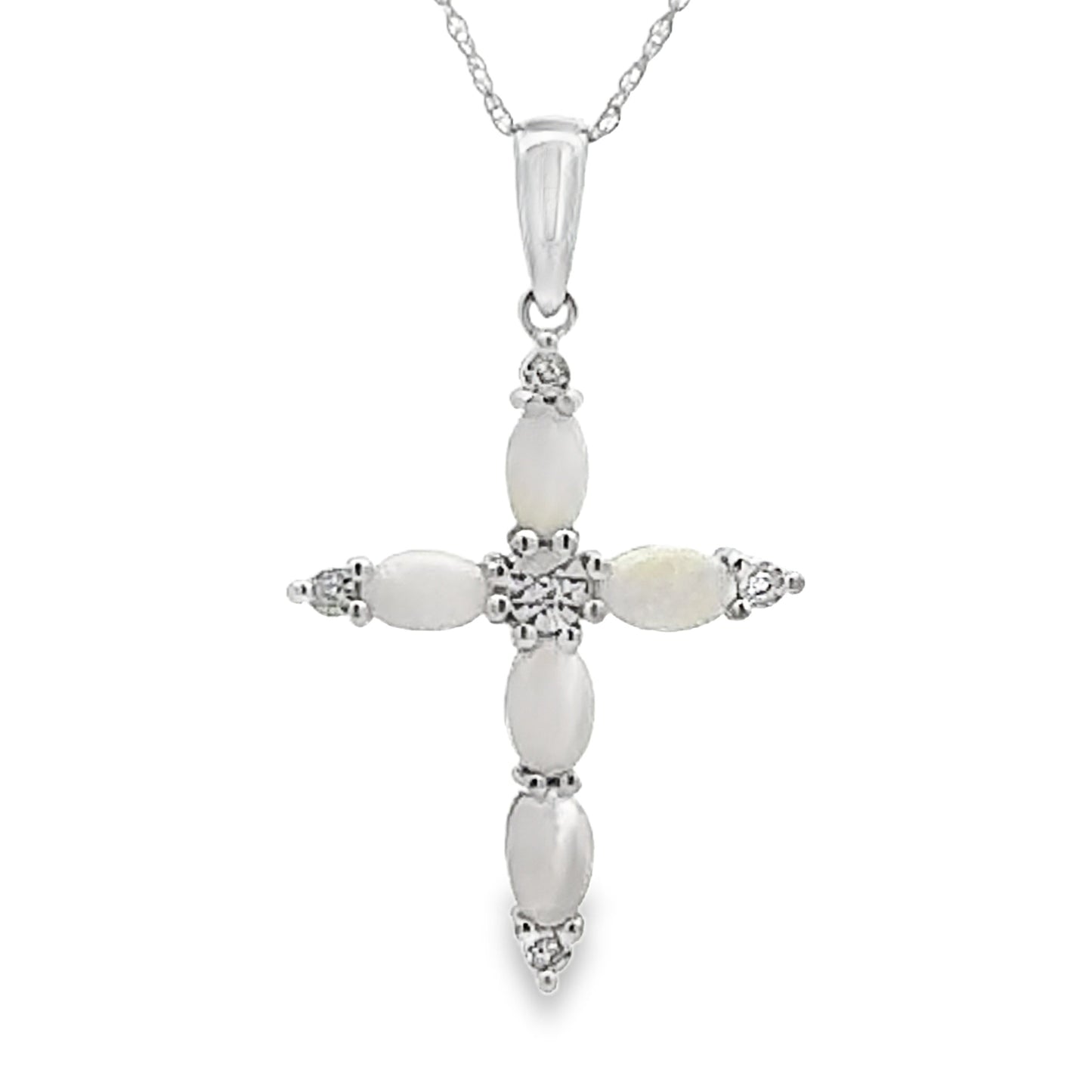 Colgante de Cruz de Ópalo y Diamante en Oro Blanco de 10KT